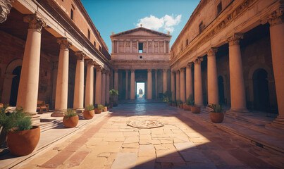 Fototapeta premium A view of a Roman courtyard with columns and a building in the background
