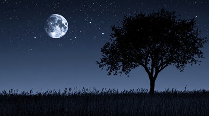 Moonlit Serenity: A lone tree silhouetted against a star-studded sky with a luminous moon