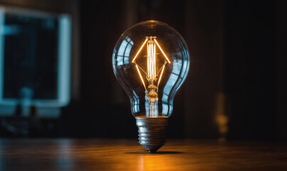 A single light bulb illuminates a dark table, casting a warm glow on the wooden surface