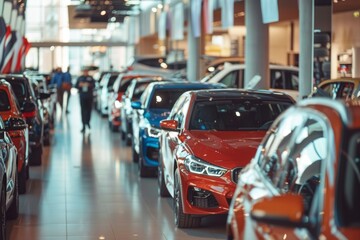 Customers explore a variety of preowned car models in a lively dealership showroom during daytime