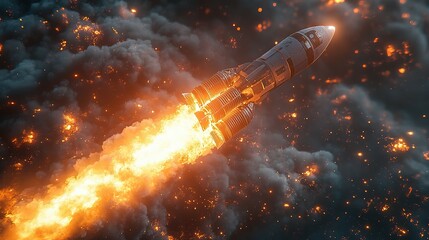 Rocket Launch with Fiery Exhaust and Smoke Trails