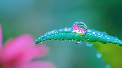 Water droplets glisten on a green leaf with a pink flower backdrop