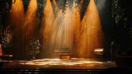 Obraz premium Stage with Orange Curtains, Spotlights, and Furniture