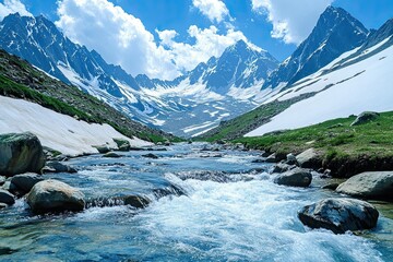 beautiful scene of clear water flow in river between snow mountain 