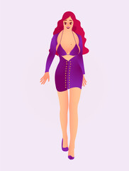 Modern Day Siren A Captivating Figure in Purple, woman, long red hair, purple dress, high heels, full-body portrait, digital art, vector illustration, bold colors, fashionable, elegant, glamorous