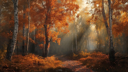 Beautiful autumn forest with yellow leaves in rays of sun.