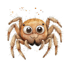A smiling cute brown spider painted in watercolor style. Halloween spider with a face. A Halloween character. Concept drawing isolated on a white background