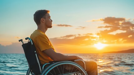 Fototapeta premium Man in a wheelchair watching a beautiful sunset over the sea