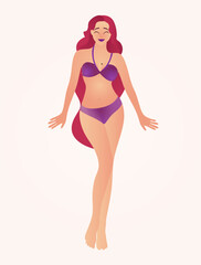 Sultry Siren: A Confident and Alluring Figure, a young woman with red hair in a bikini, smiling and standing on a beach, detailed illustration, flat design style, digital art