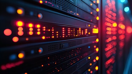 Server Rack with Illuminated LEDs and Blurred Background