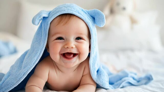 Happy Baby with Blue Towel Hat