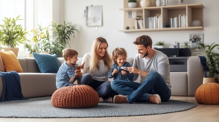A joyful family enjoying quality time together while playing a game in their bright and cozy living room