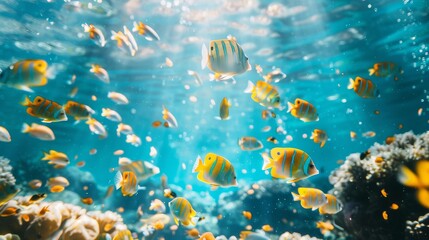 Vibrant Underwater Scene with Colorful Tropical Fish Swimming Around Coral Reef in Pristine Ocean