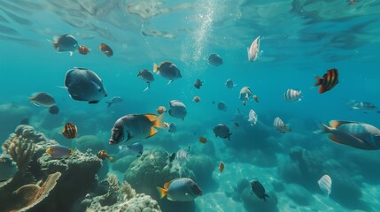 Vibrant Underwater Scene with Colorful Tropical Fish Swimming Around Coral Reef in Pristine Ocean