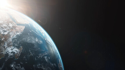 Fototapeta premium Digital painting, panoramic view of Earth from a distant vantage point in space, capturing the entire globe in a single frame, Earth radiates with vibrant colors against the stark blackness of space