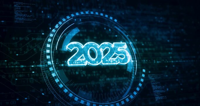 2025 year futuristic new neon symbol digital concept. Cyber technology and computer background abstract 3d.