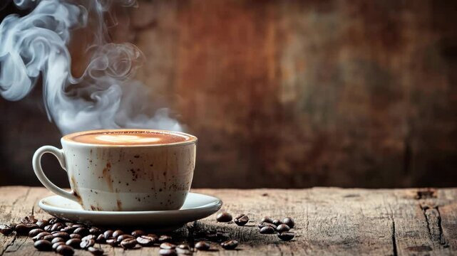 Steaming Coffee Cup with Beans on Rustic Background