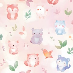 Fototapeta premium 116. **Design a seamless pattern featuring charming, hand-painted animals in a soft, pastel gradient.**