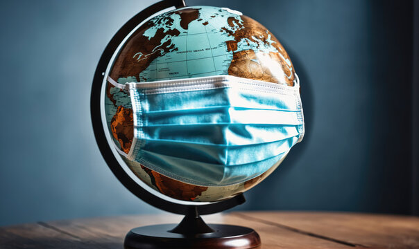 A globe wearing a blue face mask sits on a wooden table in front of a blue background