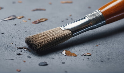 Fototapeta premium A paintbrush lays on a gray surface with paint splatters surrounding it