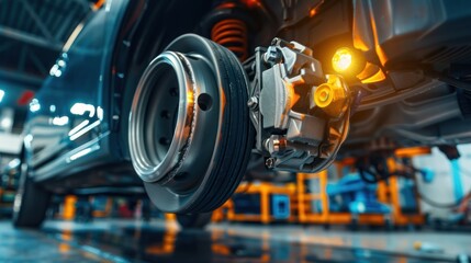 Fototapeta premium Car disc brake repair in workshop. AI generated images