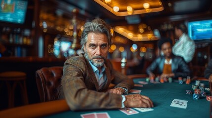 Confident poker player in a casino setting with cards and chips