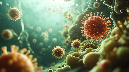 Obraz premium A mesmerizing yet microscopic battlefield: viruses invade, hitching a ride on bacteria in a dance of survival.