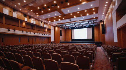 Naklejka premium A large, spacious auditorium with neatly arranged empty seats, overhead stage lights, and a projector screen, ready for an upcoming event or presentation.