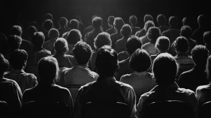 A monochrome image showcasing the back view of several people seated closely together in a dark room, creating a sense of unity and anticipation for an upcoming event.