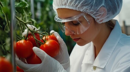 A female scientist with protective gear closely inspects a bunch of ripe organic tomatoes in a modern sustainable agriculture laboratory, showcasing advances in eco-friendly food production 
