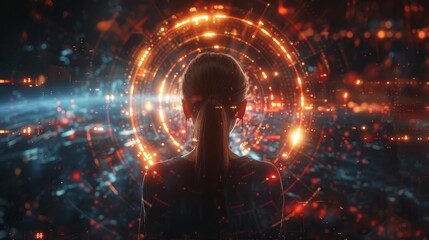 Woman facing futuristic digital interface with glowing circular graphics
