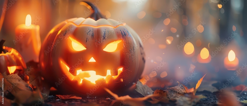 Poster Glowing jack-o'-lantern with a spooky face in a fall landscape at dusk