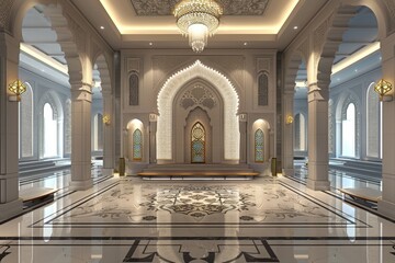 Fototapeta premium A luxurious grand hall interior showcasing opulent chandeliers, intricate archways, and elegant decor, exuding an aura of sophistication and timeless grandeur.