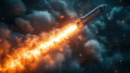 Rocket Launch with Fiery Exhaust Trail and Smoke in Space