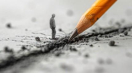 Surreal scene of a pencil drawing a tiny figure in intricate detail