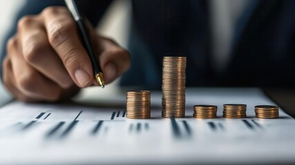 Banker analyzing financial data on customer deposits and withdrawals with a stack of coins nearby, symbolizing banking operations, money management, and financial analysis