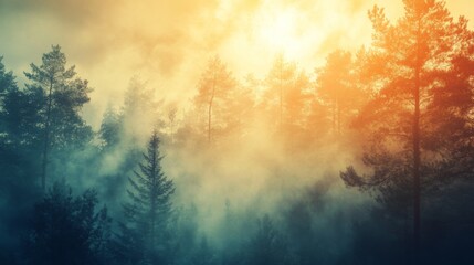 Naklejka premium A serene forest landscape, bathed in the soft morning light, with mist and fog creating a mystical atmosphere among tall pine trees under a glowing sun.