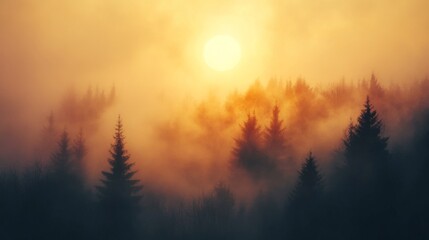 Obraz premium A captivating scene of the sun rising over a foggy forest, casting a warm glow through the mist and illuminating the silhouette of trees in an ethereal and serene manner.