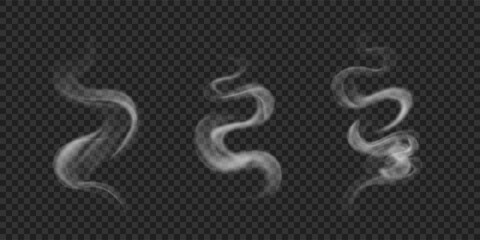 Set of wavy, fluid smoke from hookah, cigarettes, hot food, bbq and drinks. Realistic vector icons. White steam isolated on transparent background © Picture Store