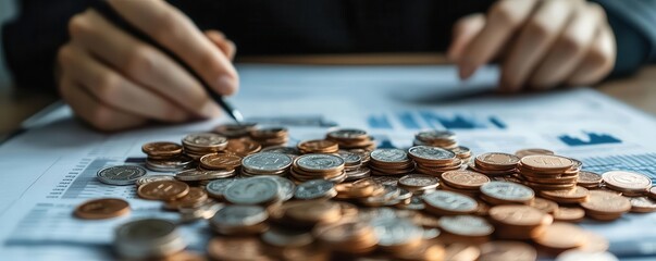 Financial analyst studying detailed financial data with coins scattered across the desk, symbolizing investment analysis, wealth management, and monetary strategy