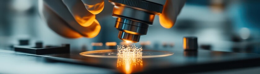 Scientist using laser to manipulate microscopic particles on glass slide, precision optics in experimental physics.