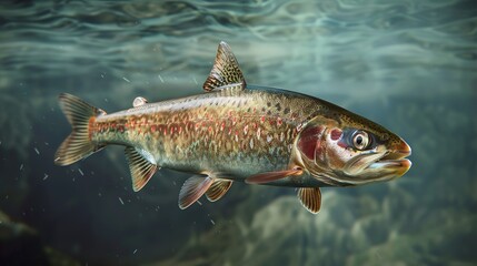 Fototapeta premium Trout Swimming Underwater: A Close-Up View of a Spotted Fish