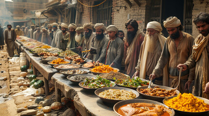 Crowd gathers for a communal meal in bustling street market