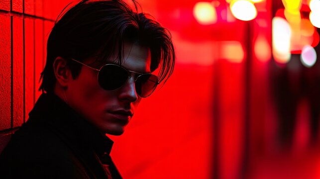Red City Nights: A mysterious and brooding man in sunglasses stands against a vibrant red backdrop, casting an enigmatic aura of cool confidence and urban allure.  