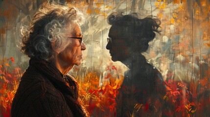 Elderly woman contemplating life with abstract reflection in background
