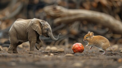 Obraz premium Cute elephant frightened by a tiny mouse in the wild environment