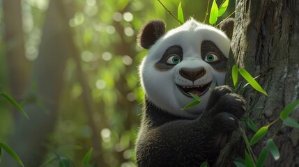 Obraz premium Giant panda eating bamboo shoots in the forest. AI generated images
