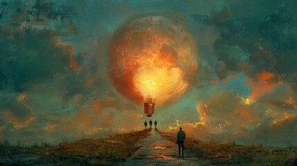 Surreal concept of imagination with giant glowing light bulb