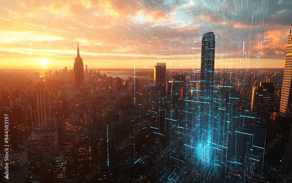 Aufkleber futuristic city skyline with digital data streams representing global connectivity