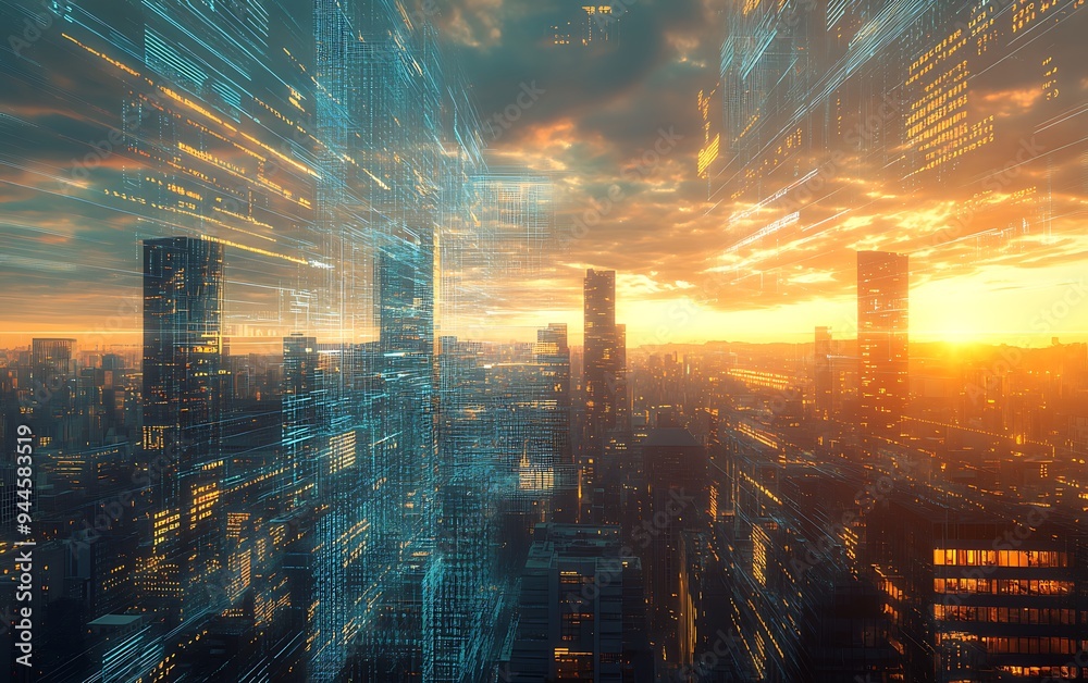 Aufkleber futuristic city skyline with digital data streams representing global connectivity